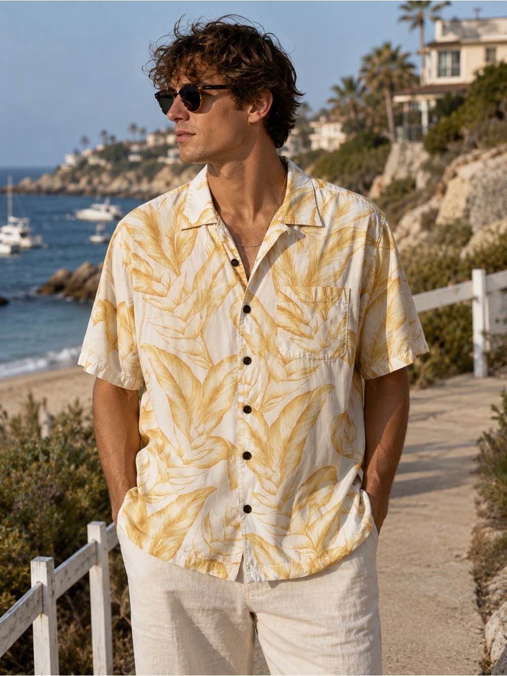 Caribbean Joe Yellow Palm Leaf Camp Shirt